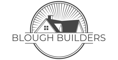 Logo featuring a stylized house with a chimney and sunburst, labeled “Blough Builders.” Encircled design in grayscale.