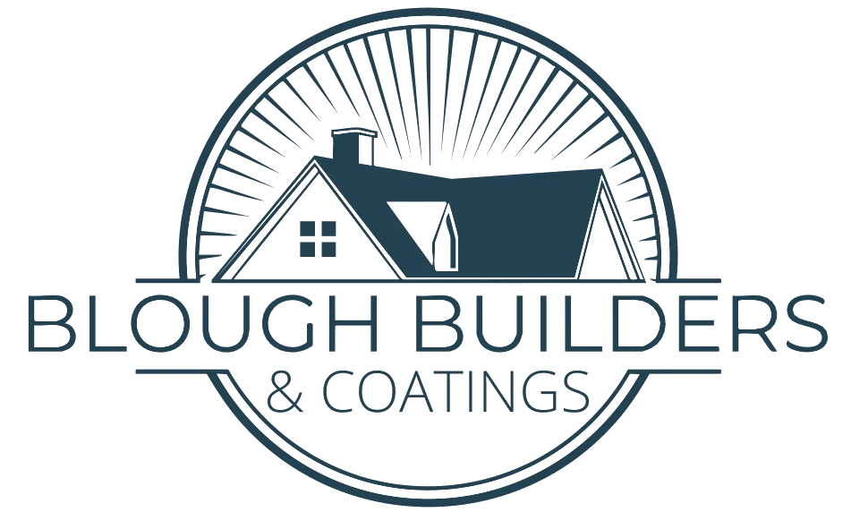 The image features a logo with a house silhouette, sunburst, and text: "Blough Builders & Coatings" within circular design.