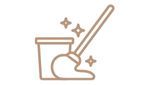 A simple line art illustration depicting a bucket and mop, with sparkling stars indicating cleanliness or shine, on a white background.
