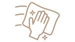 A simple illustration of a hand wiping a surface with a cloth, featuring motion lines and sparkling stars to indicate cleanliness.