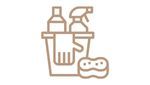 Illustration of a cleaning set featuring a bucket, gloves, spray bottles, and a sponge. Simple outline style with minimal details.