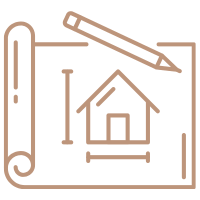 A rolled paper with a pencil drawing a house blueprint, featuring architectural plans and a ruler. Clean, minimalistic design symbols.