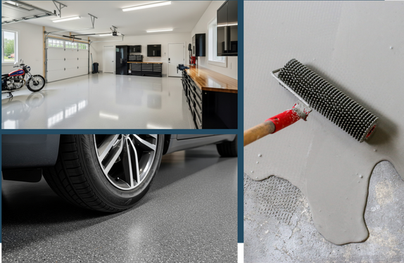 A garage displays a motorcycle, car, and workbench; gray epoxy flooring roller-coating process is underway. Bright, organized, and pristine environment.