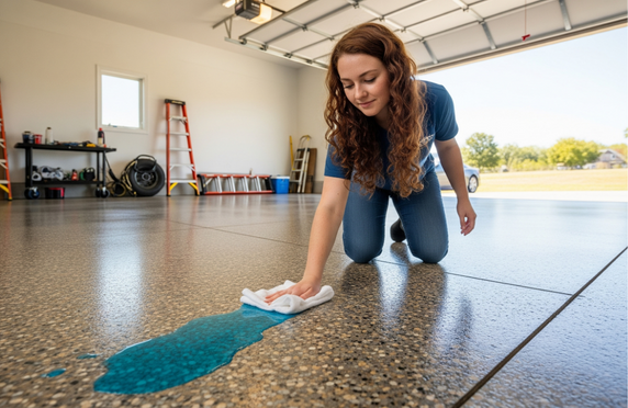 A person kneels on a garage floor, cleaning a spill with a cloth. Tools and ladders are visible in the background.