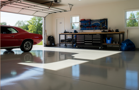 A spacious garage with a vintage red car, toolboxes, and organized shelves under a bright sunny window. The floor is shiny and clean.