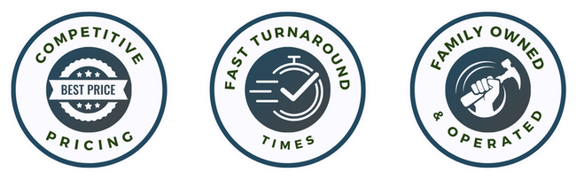 Three circular badges highlight competitive pricing, fast turnaround times, and family-owned operation. Each badge features icons and bold text for emphasis.